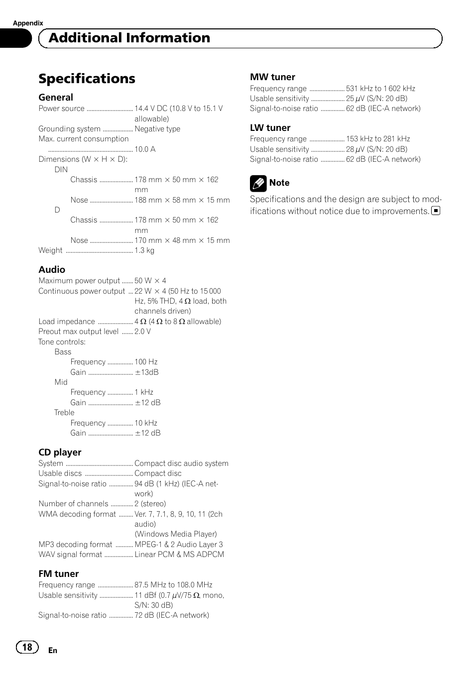 Specifications, Additional information | Pioneer DEH-1120MP User Manual | Page 18 / 134