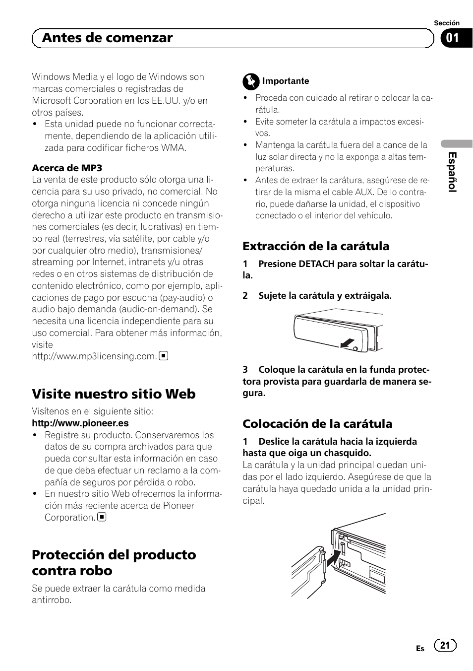Visite nuestro sitio web, Protección del producto contra robo, Extracción de la carátula 21 | Colocación de la carátula 21, Antes de comenzar | Pioneer DEH-1120MP User Manual | Page 21 / 134