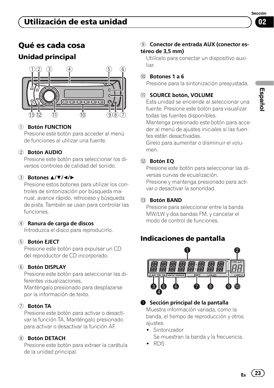 Utilización de esta unidad qué es cada cosa, Unidad principal 23, Indicaciones de pantalla 23 | Qué es cada cosa, Utilización de esta unidad | Pioneer DEH-1120MP User Manual | Page 23 / 134