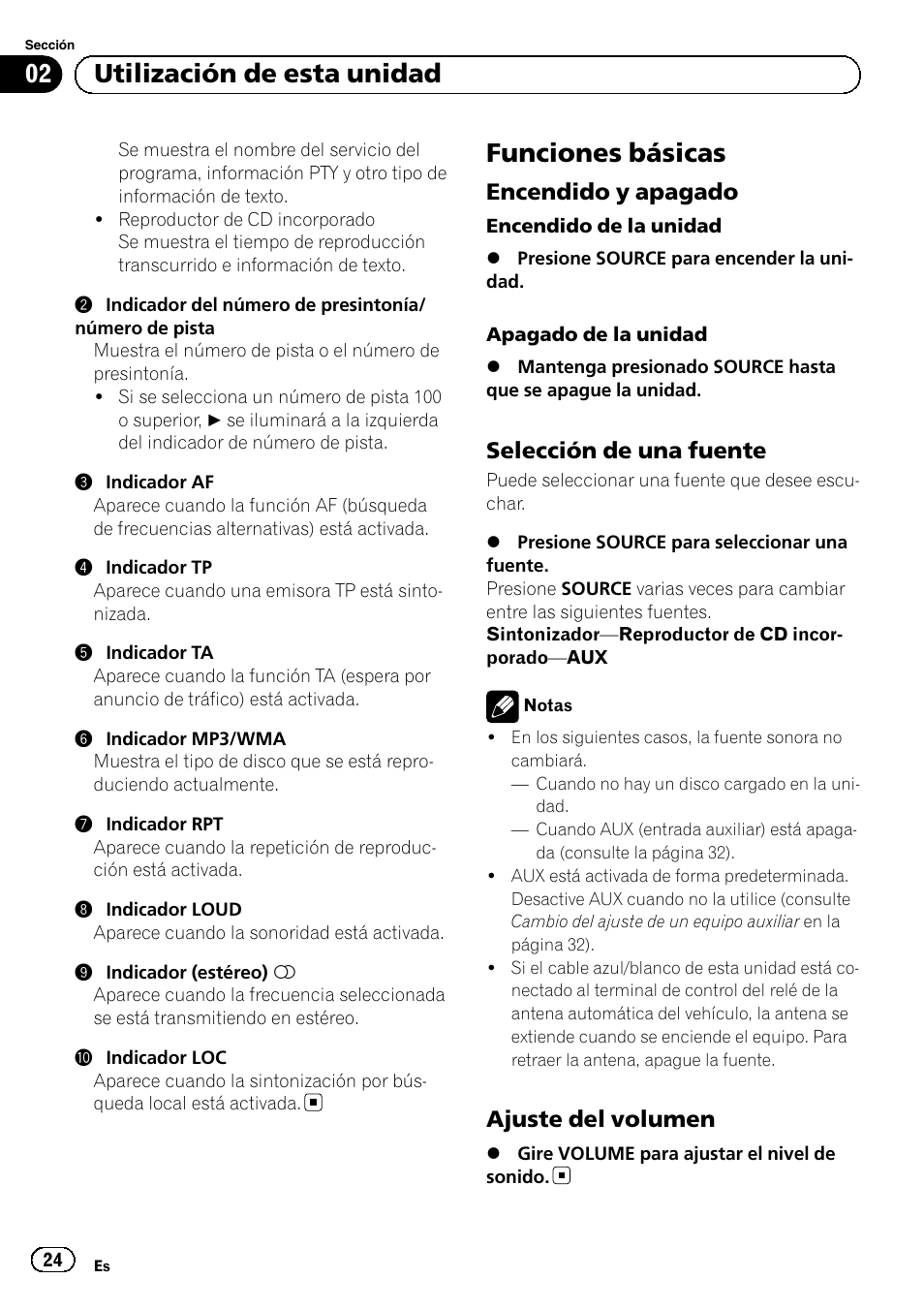 Funciones básicas, Encendido y apagado 24, Selección de una fuente 24 | Ajuste del volumen 24, Utilización de esta unidad, Encendido y apagado, Selección de una fuente, Ajuste del volumen | Pioneer DEH-1120MP User Manual | Page 24 / 134