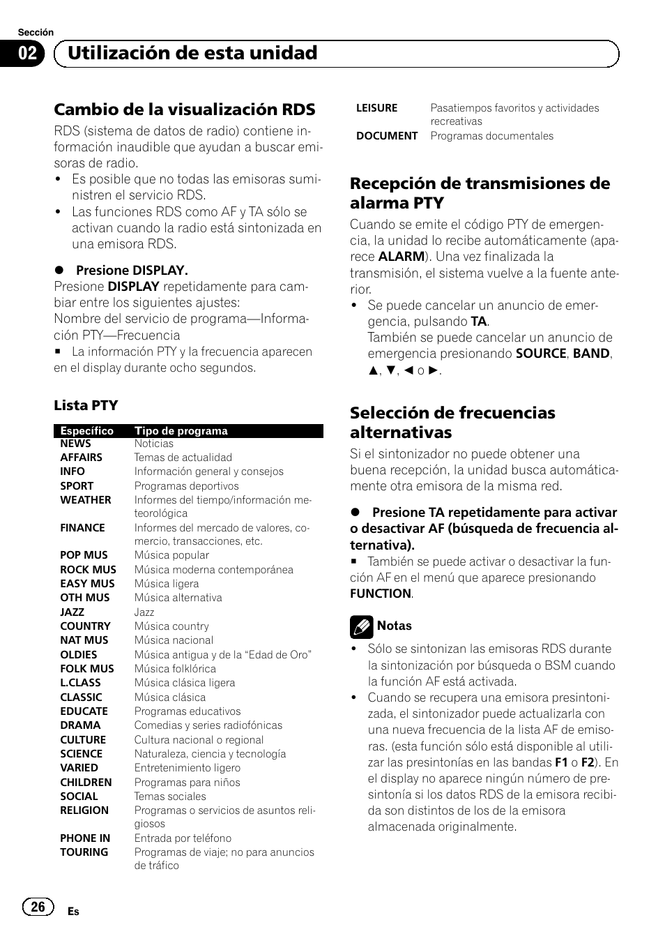 Cambio de la visualización rds 26, Recepción de transmisiones de alarma, Selección de frecuencias | Alternativas, Utilización de esta unidad, Cambio de la visualización rds, Recepción de transmisiones de alarma pty, Selección de frecuencias alternativas | Pioneer DEH-1120MP User Manual | Page 26 / 134