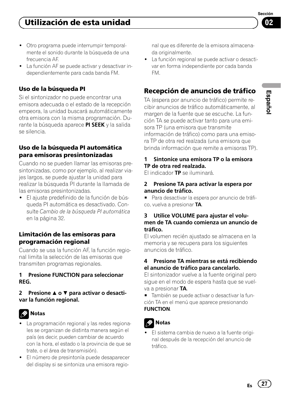 Recepción de anuncios de tráfico 27, Utilización de esta unidad, Recepción de anuncios de tráfico | Pioneer DEH-1120MP User Manual | Page 27 / 134