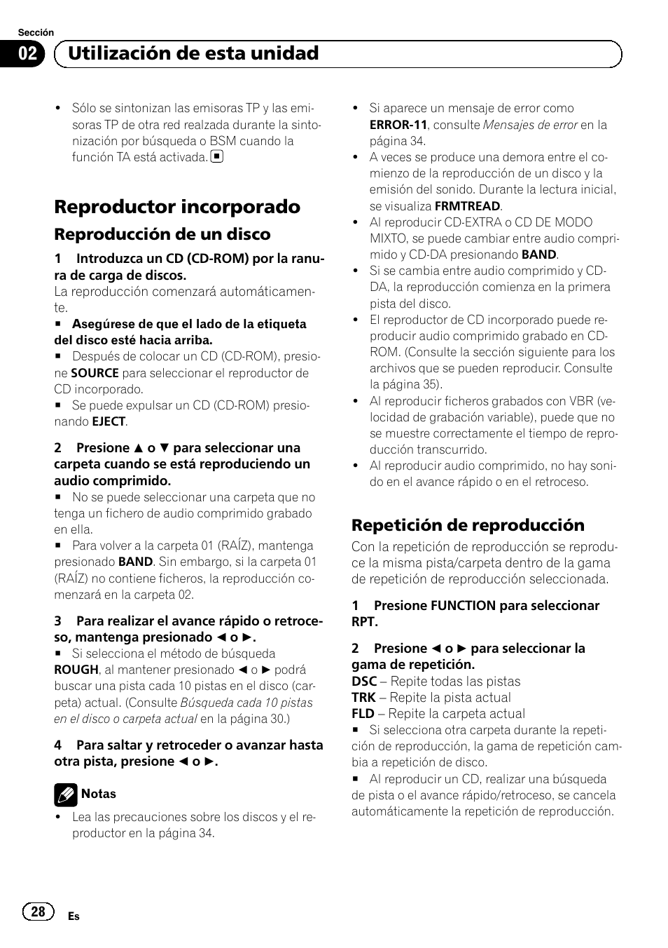 Reproductor incorporado, Reproducción de un disco 28, Repetición de reproducción 28 | Utilización de esta unidad, Reproducción de un disco, Repetición de reproducción | Pioneer DEH-1120MP User Manual | Page 28 / 134