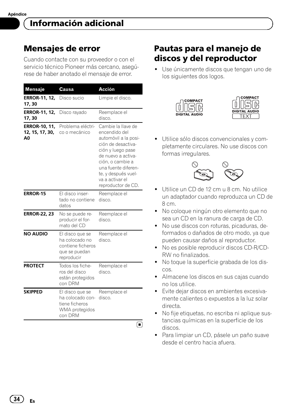 Información adicional mensajes de error, Pautas para el manejo de discos y del, Reproductor | Mensajes de error, Pautas para el manejo de discos y del reproductor, Información adicional | Pioneer DEH-1120MP User Manual | Page 34 / 134