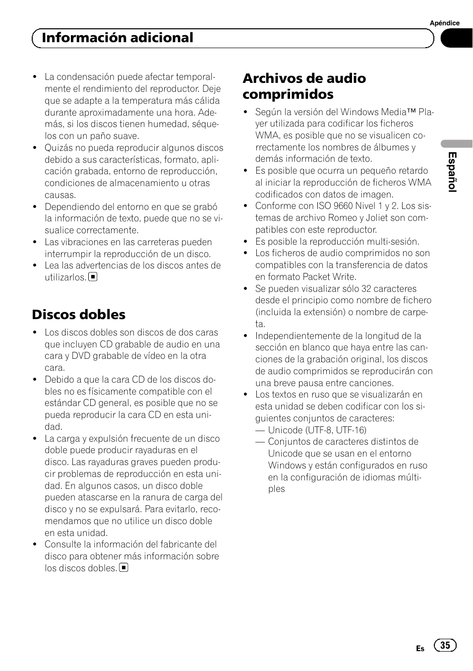 Discos dobles, Archivos de audio comprimidos, Información adicional | Pioneer DEH-1120MP User Manual | Page 35 / 134