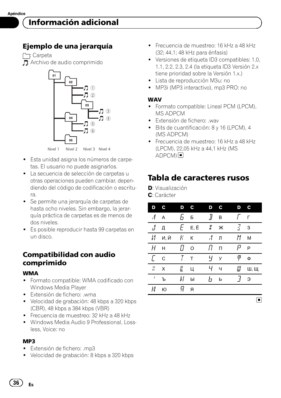 Ejemplo de una jerarquía 36, Compatibilidad con audio, Comprimido | Tabla de caracteres rusos, Información adicional, Ejemplo de una jerarquía, Compatibilidad con audio comprimido | Pioneer DEH-1120MP User Manual | Page 36 / 134