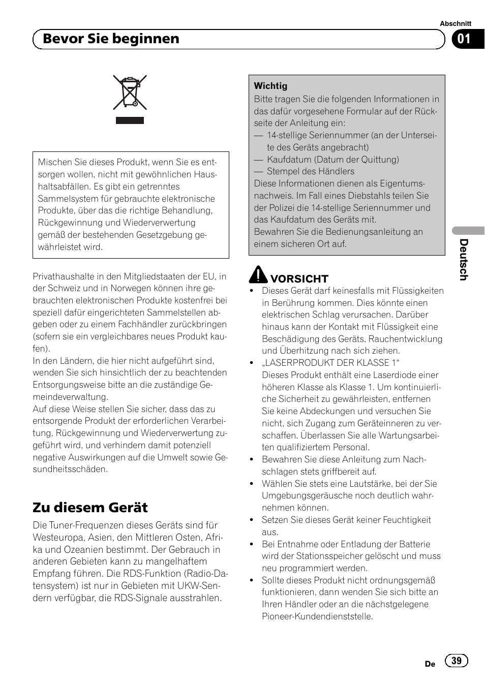 Bevor sie beginnen, Zu diesem gerät | Pioneer DEH-1120MP User Manual | Page 39 / 134