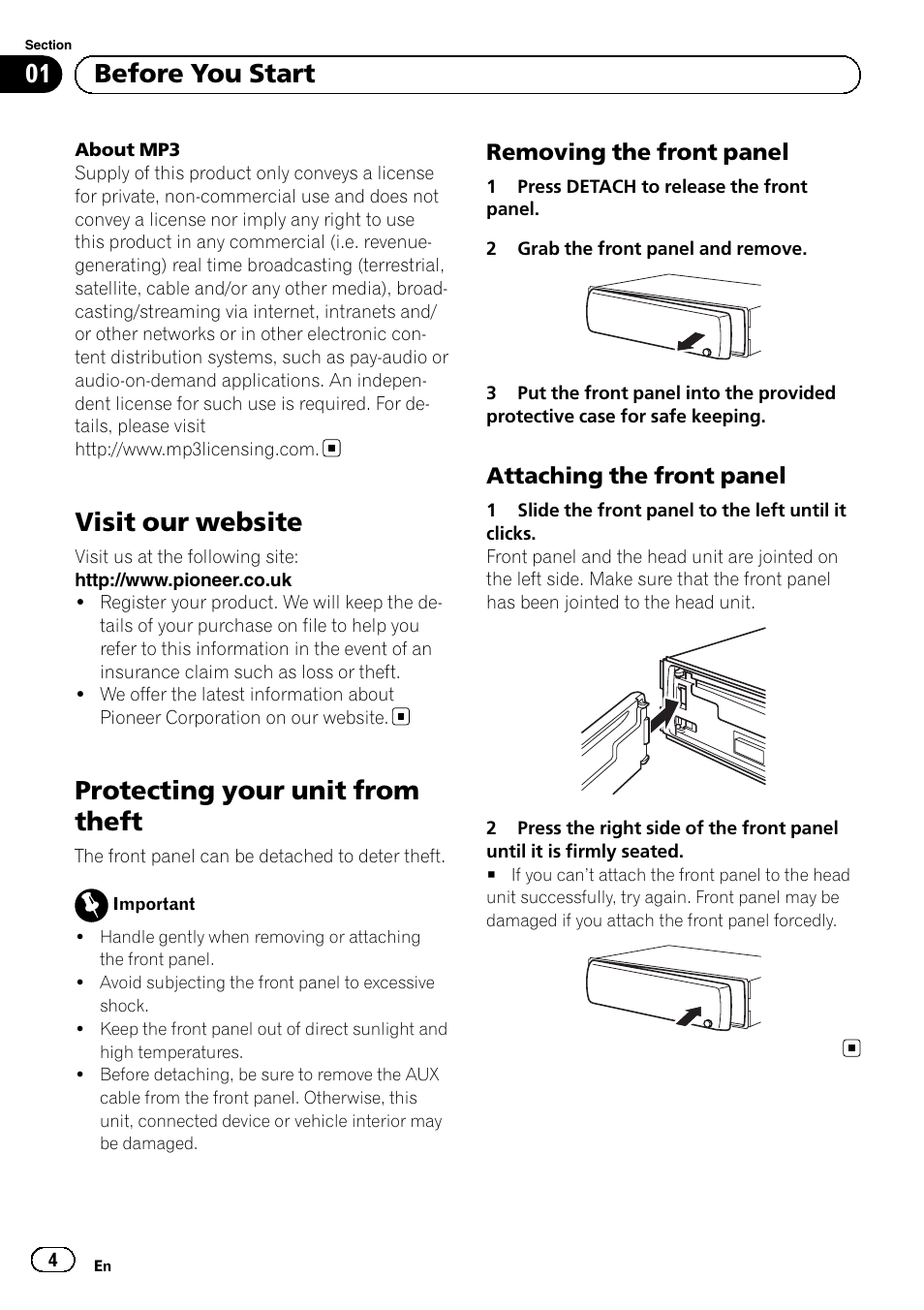 Visit our website, Protecting your unit from theft, Removing the front panel 4 | Attaching the front panel 4, Before you start, Removing the front panel, Attaching the front panel | Pioneer DEH-1120MP User Manual | Page 4 / 134