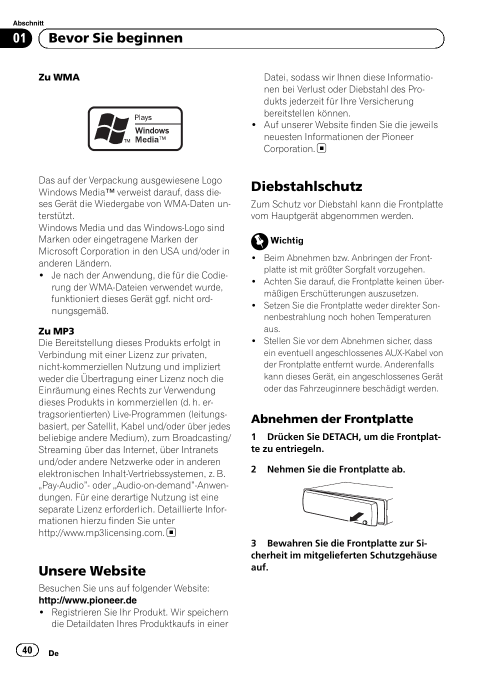 Unsere website, Diebstahlschutz, Abnehmen der frontplatte 40 | Bevor sie beginnen, Abnehmen der frontplatte | Pioneer DEH-1120MP User Manual | Page 40 / 134