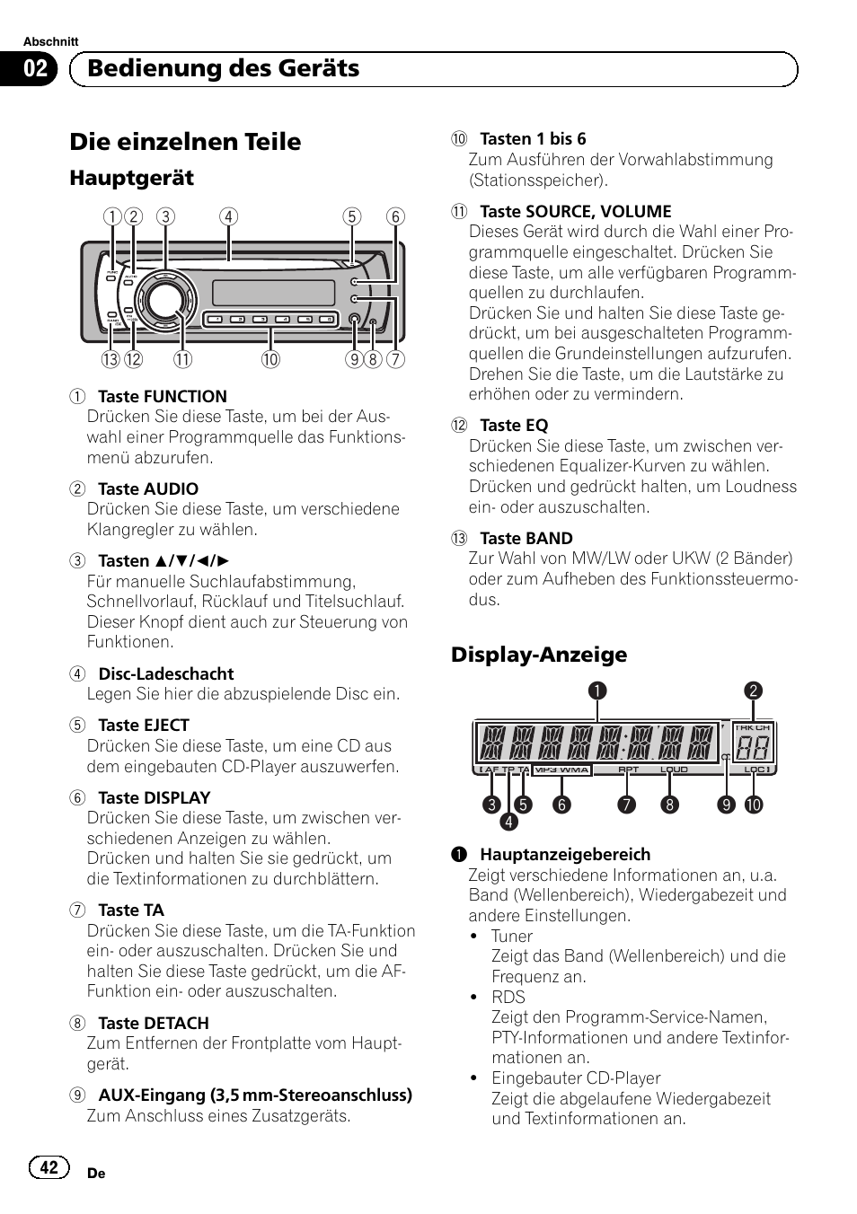 Bedienung des geräts die einzelnen teile, Hauptgerät 42, Display-anzeige 42 | Die einzelnen teile, Bedienung des geräts | Pioneer DEH-1120MP User Manual | Page 42 / 134