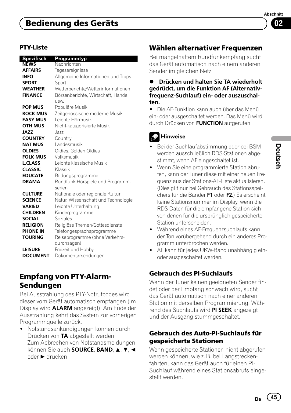 Empfang von pty-alarm, Sendungen, Wählen alternativer frequenzen 45 | Bedienung des geräts, Empfang von pty-alarm- sendungen, Wählen alternativer frequenzen, Deutsch | Pioneer DEH-1120MP User Manual | Page 45 / 134