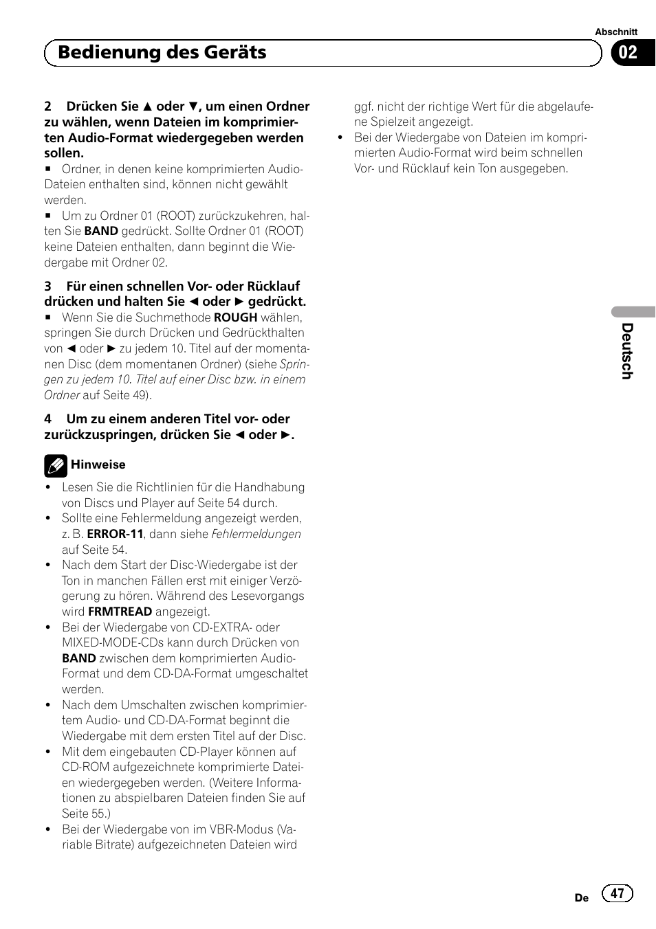 Bedienung des geräts | Pioneer DEH-1120MP User Manual | Page 47 / 134
