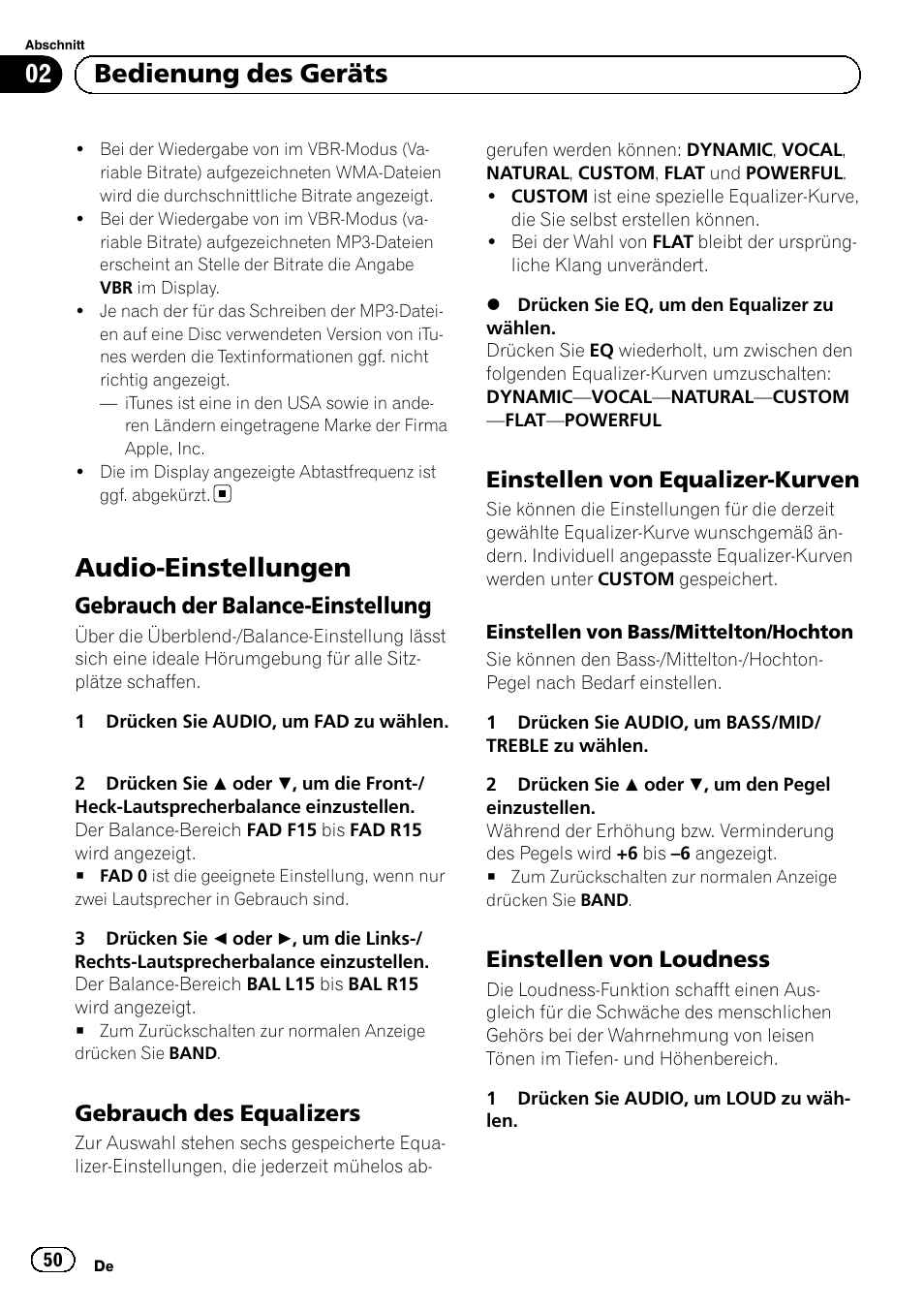 Audio-einstellungen, Gebrauch der balance-einstellung 50, Gebrauch des equalizers 50 | Einstellen von equalizer-kurven 50, Einstellen von loudness 50, Bedienung des geräts, Gebrauch der balance-einstellung, Gebrauch des equalizers, Einstellen von equalizer-kurven, Einstellen von loudness | Pioneer DEH-1120MP User Manual | Page 50 / 134