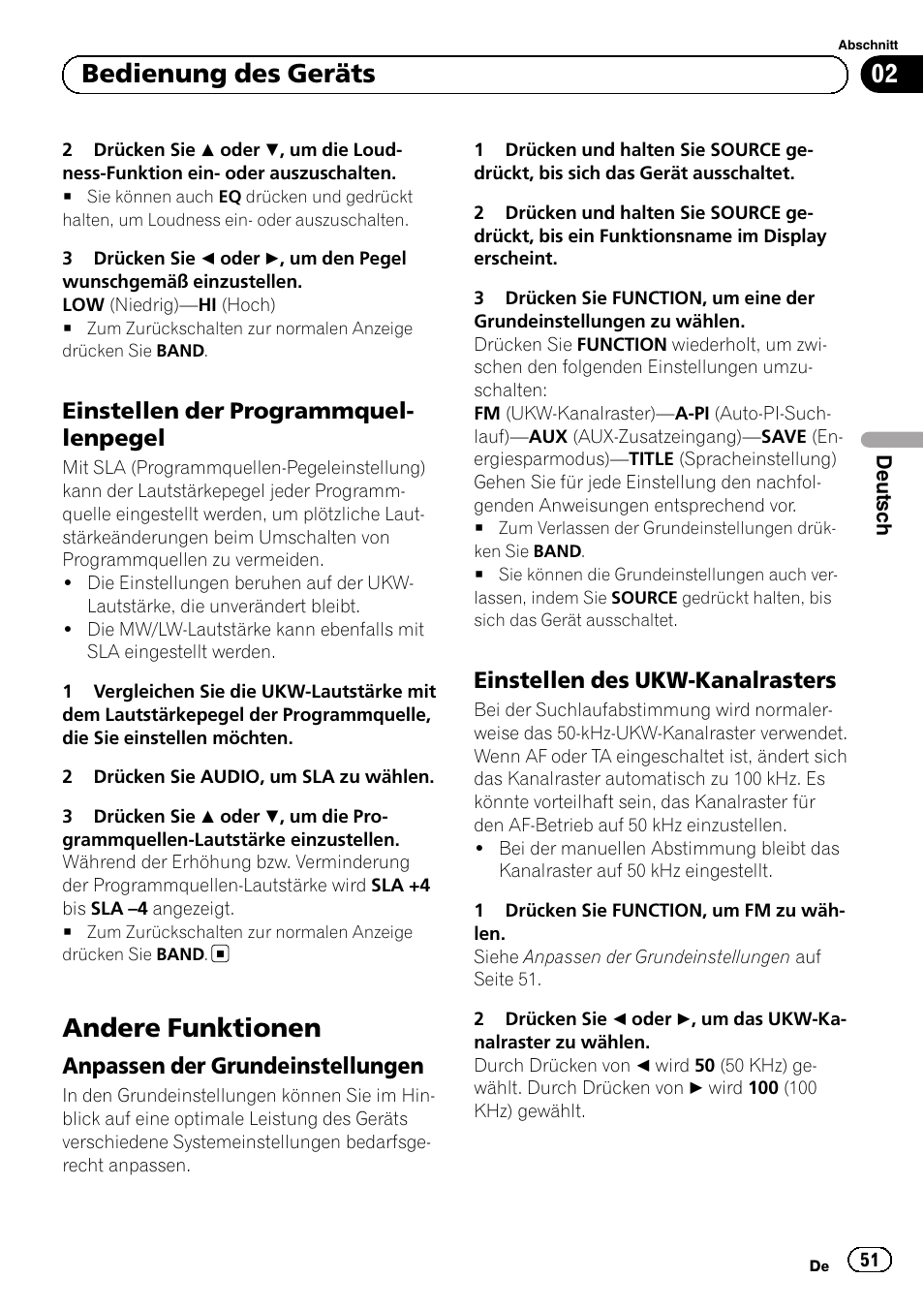 Einstellen der, Programmquellenpegel, Andere funktionen | Anpassen der grundeinstellungen 51, Einstellen des ukw-kanalrasters 51, Bedienung des geräts, Einstellen der programmquel- lenpegel, Anpassen der grundeinstellungen, Einstellen des ukw-kanalrasters | Pioneer DEH-1120MP User Manual | Page 51 / 134