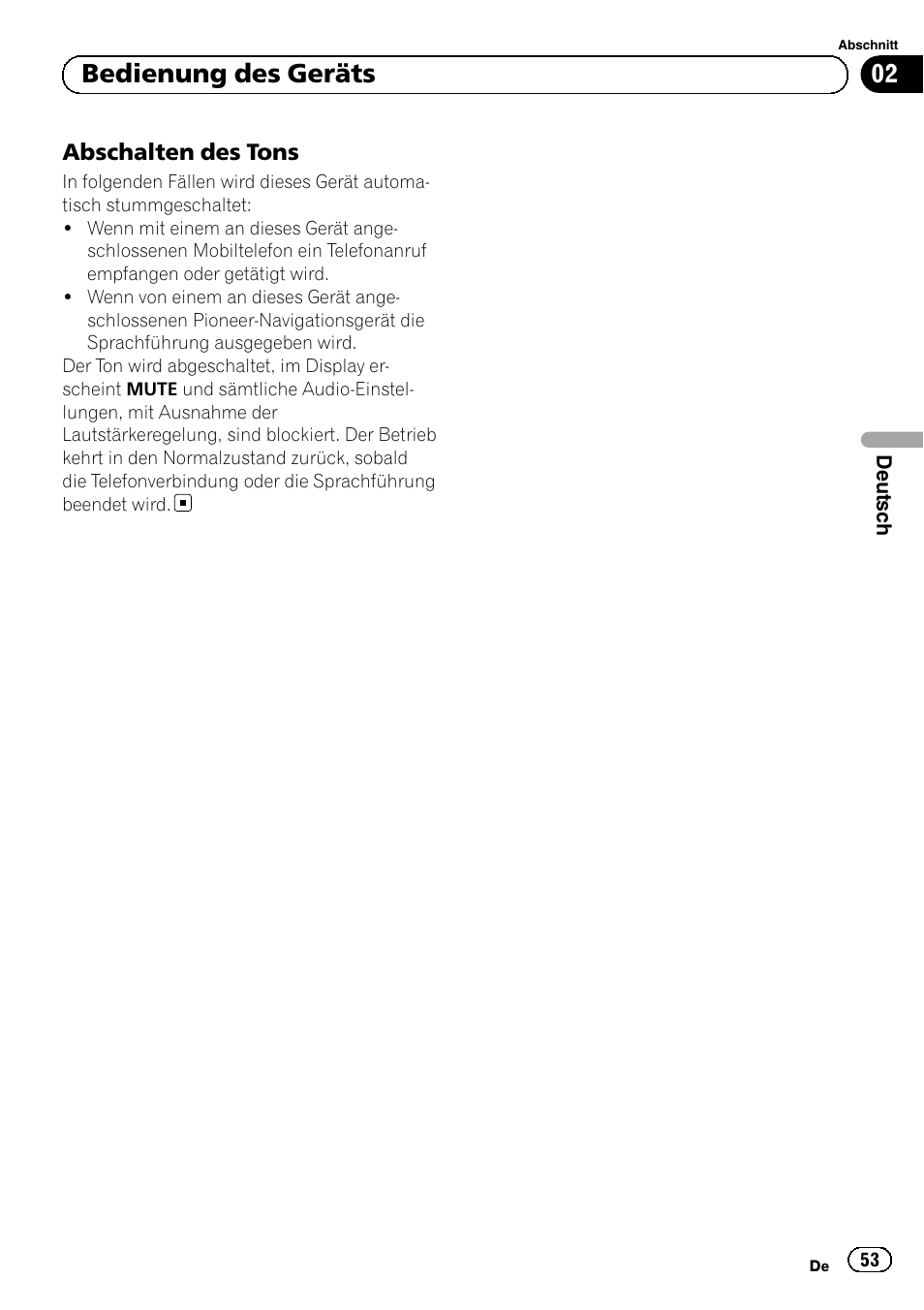 Abschalten des tons 53, Bedienung des geräts | Pioneer DEH-1120MP User Manual | Page 53 / 134