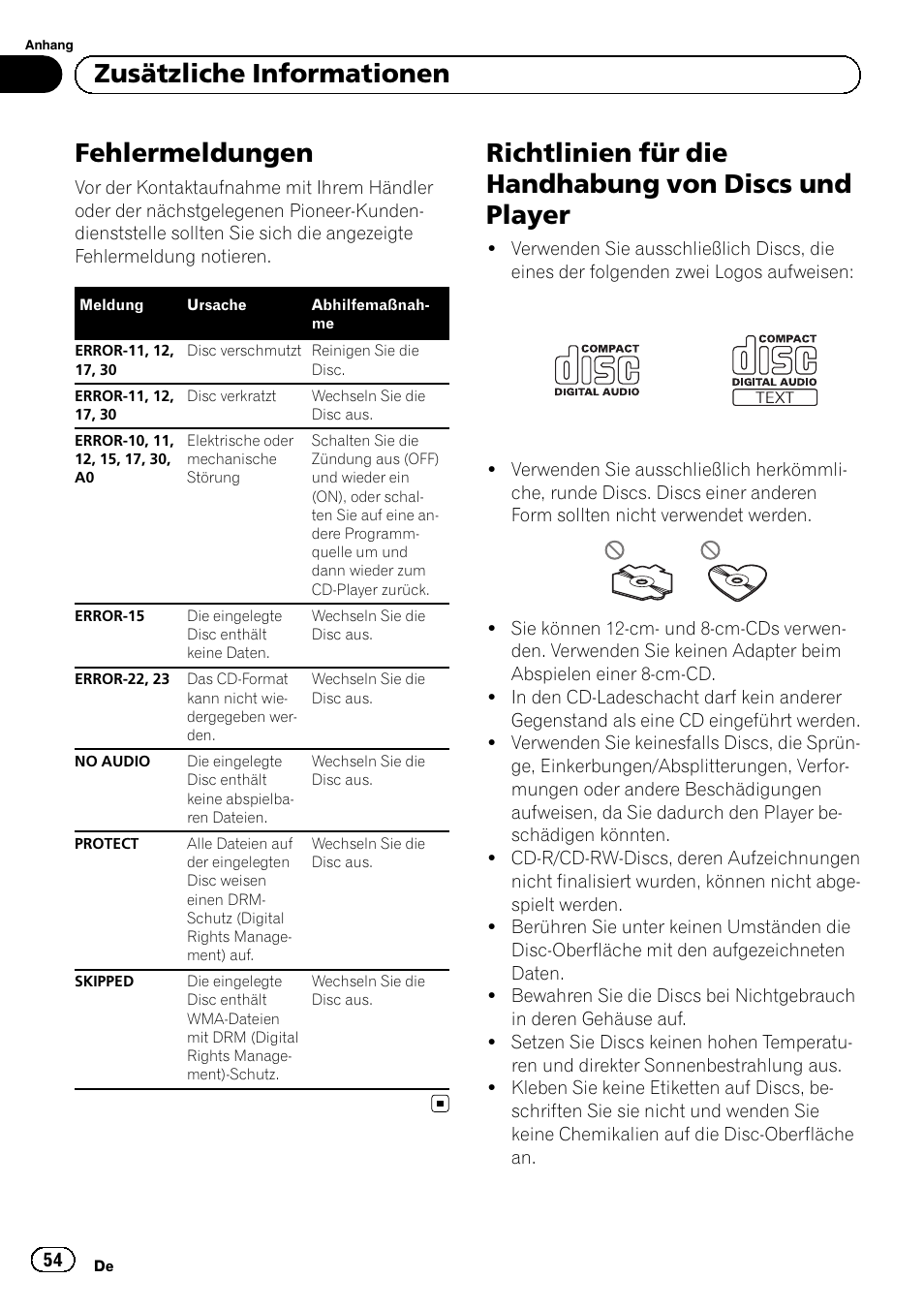 Zusätzliche informationen fehlermeldungen, Richtlinien für die handhabung von discs, Und player | Seite 54, Fehlermeldungen, Auf seite 54, Zusätzliche informationen | Pioneer DEH-1120MP User Manual | Page 54 / 134