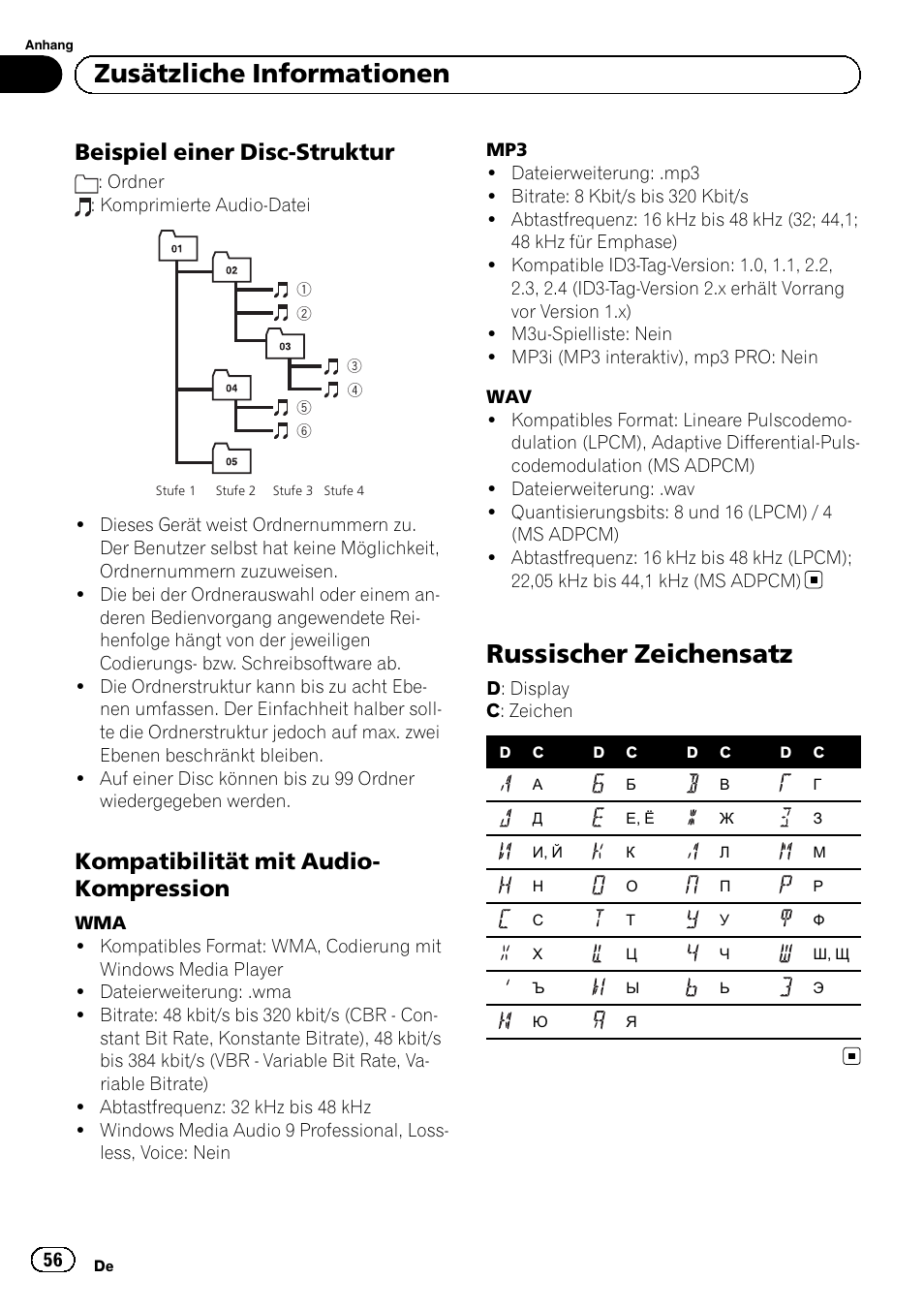 Beispiel einer disc-struktur 56, Kompatibilität mit audio, Kompression | Russischer zeichensatz, Zusätzliche informationen, Beispiel einer disc-struktur, Kompatibilität mit audio- kompression | Pioneer DEH-1120MP User Manual | Page 56 / 134