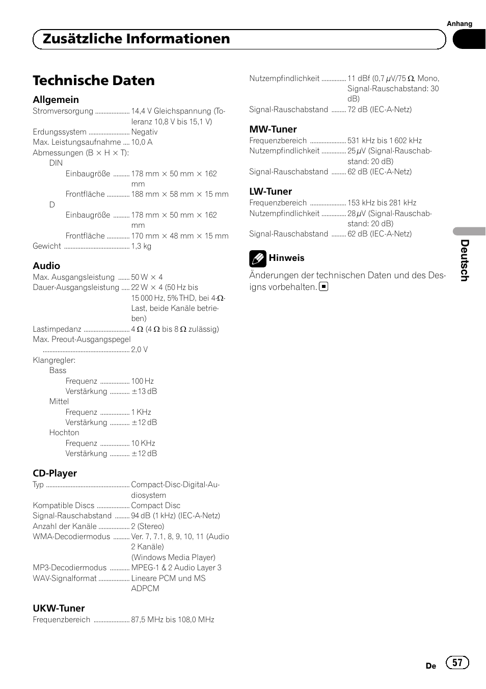 Technische daten, Zusätzliche informationen, Deutsch | Pioneer DEH-1120MP User Manual | Page 57 / 134