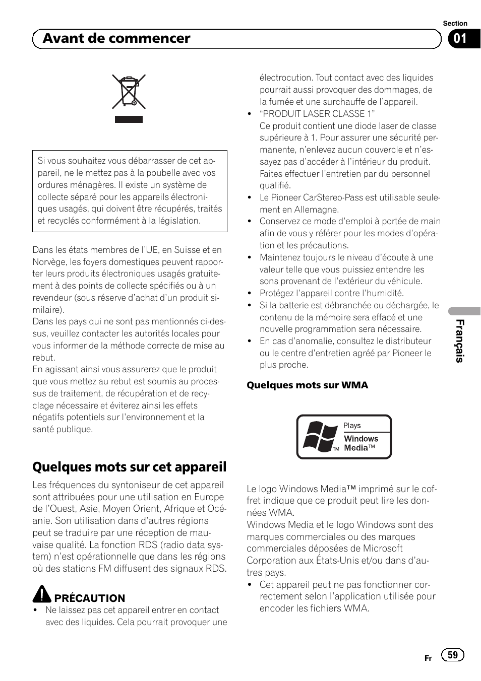 Avant de commencer, Quelques mots sur cet appareil | Pioneer DEH-1120MP User Manual | Page 59 / 134