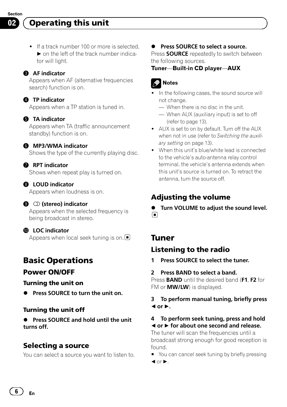 Basic operations, Power on/off 6, Selecting a source 6 | Adjusting the volume 6, Tuner, Listening to the radio 6, Operating this unit, Power on/off, Selecting a source, Adjusting the volume | Pioneer DEH-1120MP User Manual | Page 6 / 134