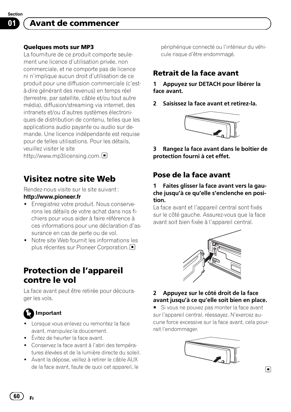 Visitez notre site web, Protection de l, Appareil contre le vol 60 | Retrait de la face avant 60, Pose de la face avant 60, Protection de l ’appareil contre le vol, Avant de commencer, Retrait de la face avant, Pose de la face avant | Pioneer DEH-1120MP User Manual | Page 60 / 134