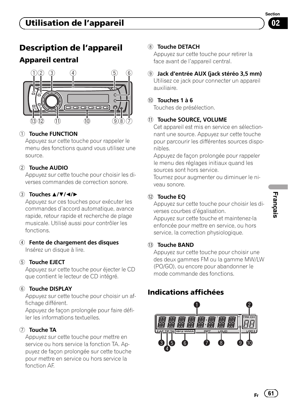 Utilisation de l, Appareil, Description de l | Appareil 61, Appareil central 61, Indications affichées 61, Description de l ’appareil, Utilisation de l ’appareil | Pioneer DEH-1120MP User Manual | Page 61 / 134