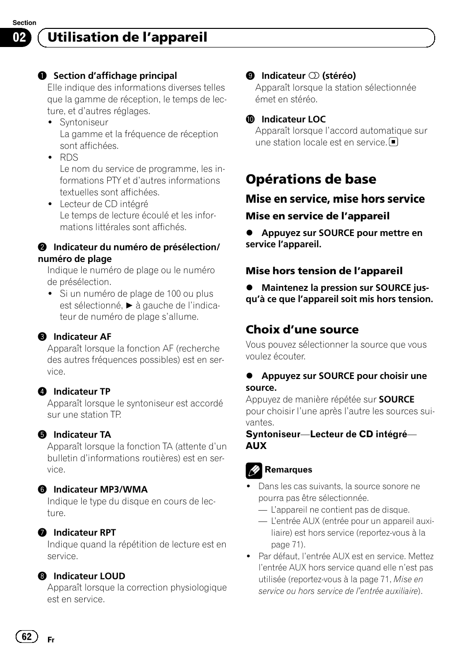 Opérations de base, Mise en service, mise hors service 62, Choix d’une source 62 | Utilisation de l ’appareil, Mise en service, mise hors service, Choix d ’une source | Pioneer DEH-1120MP User Manual | Page 62 / 134