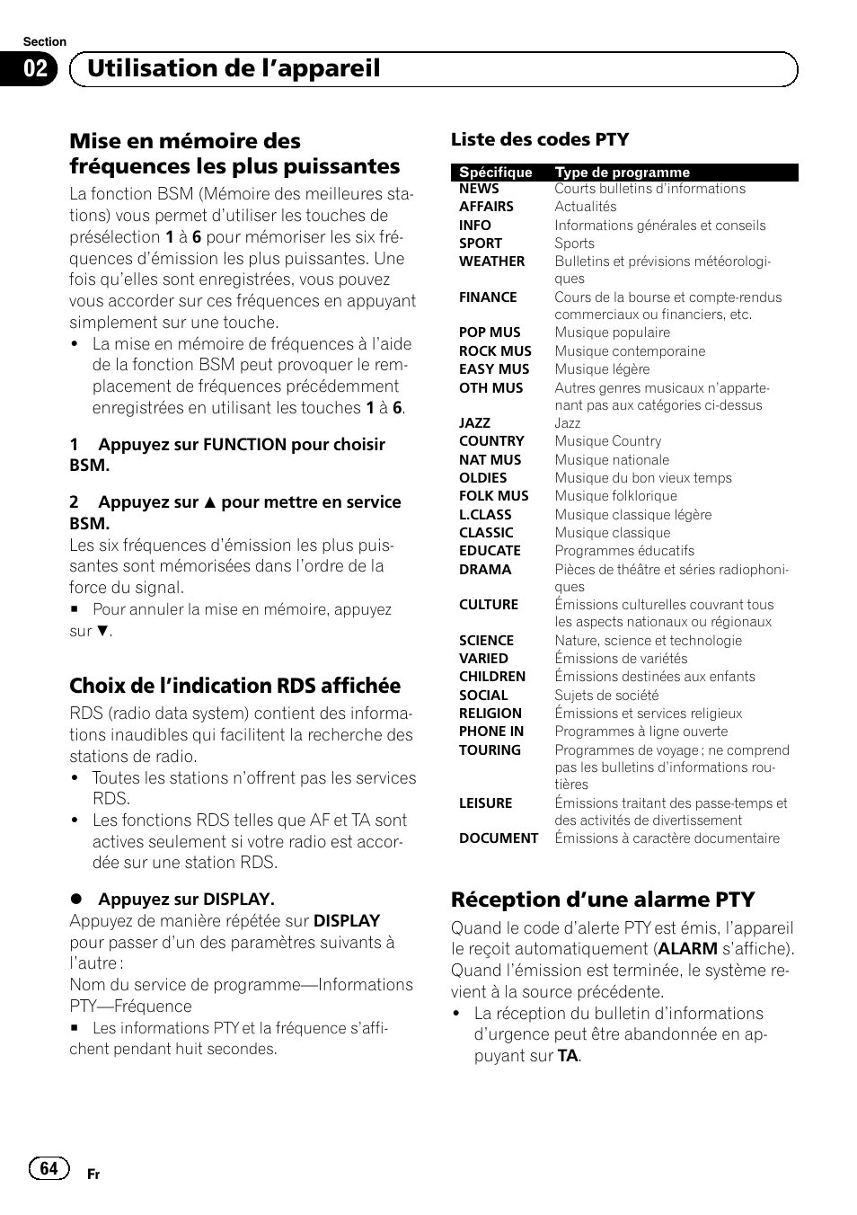 Mise en mémoire des fréquences les, Plus puissantes, Choix de l’indication rds affichée 64 | Réception d’une alarme pty 64, Utilisation de l ’appareil, Mise en mémoire des fréquences les plus puissantes, Choix de l ’indication rds affichée, Réception d ’une alarme pty | Pioneer DEH-1120MP User Manual | Page 64 / 134