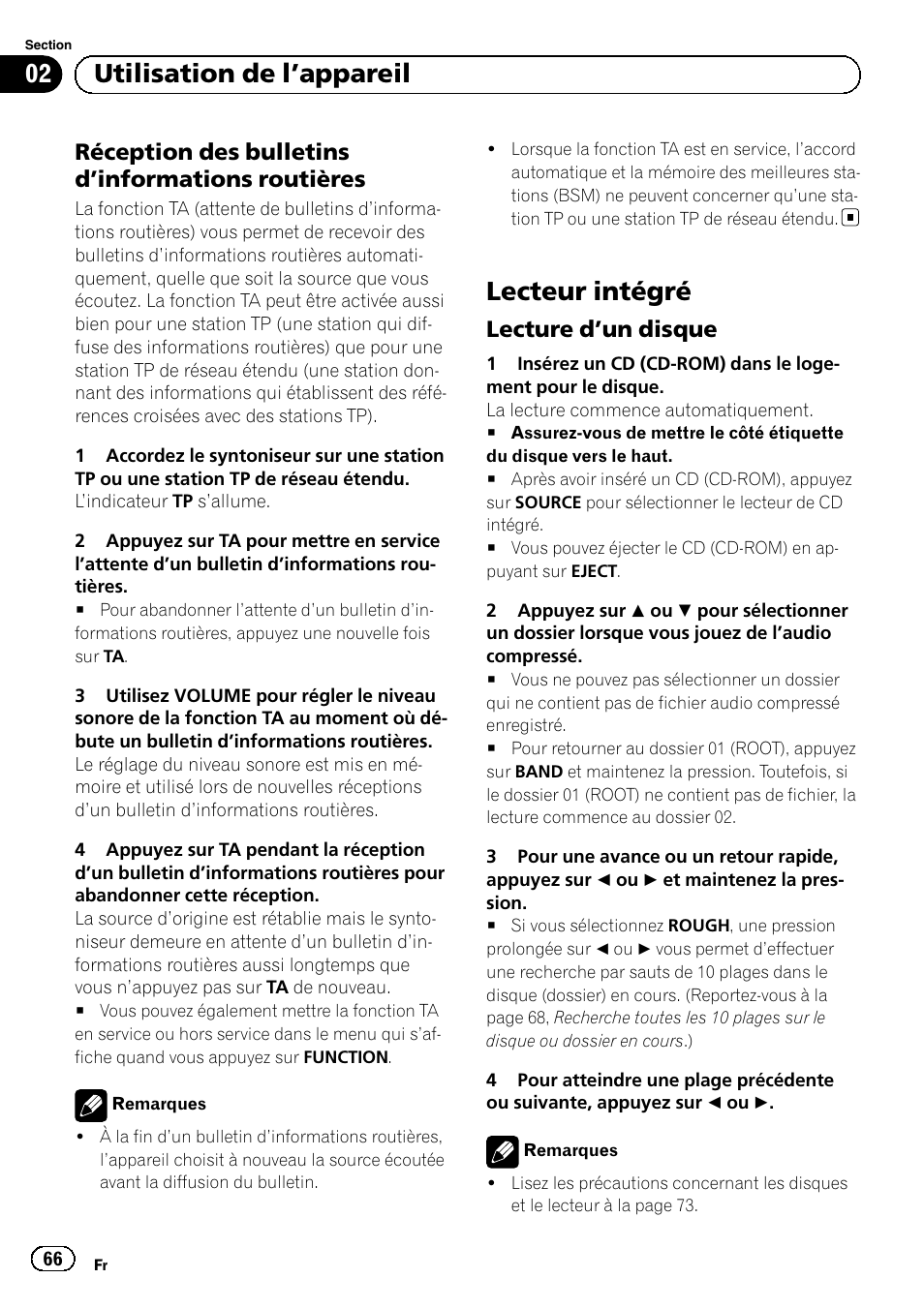 Réception des bulletins d’informations, Routières, Lecteur intégré | Lecture d’un disque 66, Utilisation de l ’appareil, Réception des bulletins d ’informations routières, Lecture d ’un disque | Pioneer DEH-1120MP User Manual | Page 66 / 134