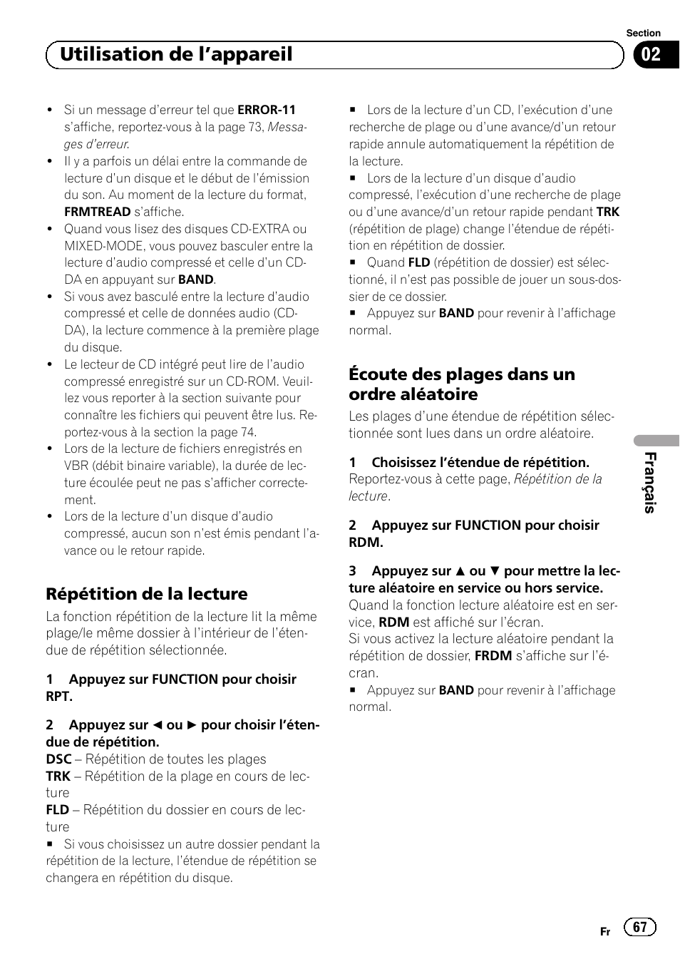 Répétition de la lecture 67, Écoute des plages dans un ordre, Aléatoire | Utilisation de l ’appareil, Répétition de la lecture, Écoute des plages dans un ordre aléatoire | Pioneer DEH-1120MP User Manual | Page 67 / 134