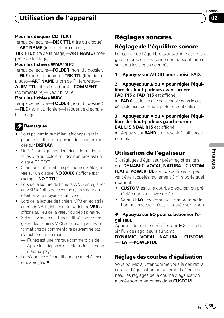 Réglages sonores, Réglage de l’équilibre sonore 69, Utilisation de l’égaliseur 69 | Réglage des courbes d’égalisation 69, Utilisation de l ’appareil, Réglage de l ’équilibre sonore, Utilisation de l ’égaliseur, Réglage des courbes d ’égalisation | Pioneer DEH-1120MP User Manual | Page 69 / 134