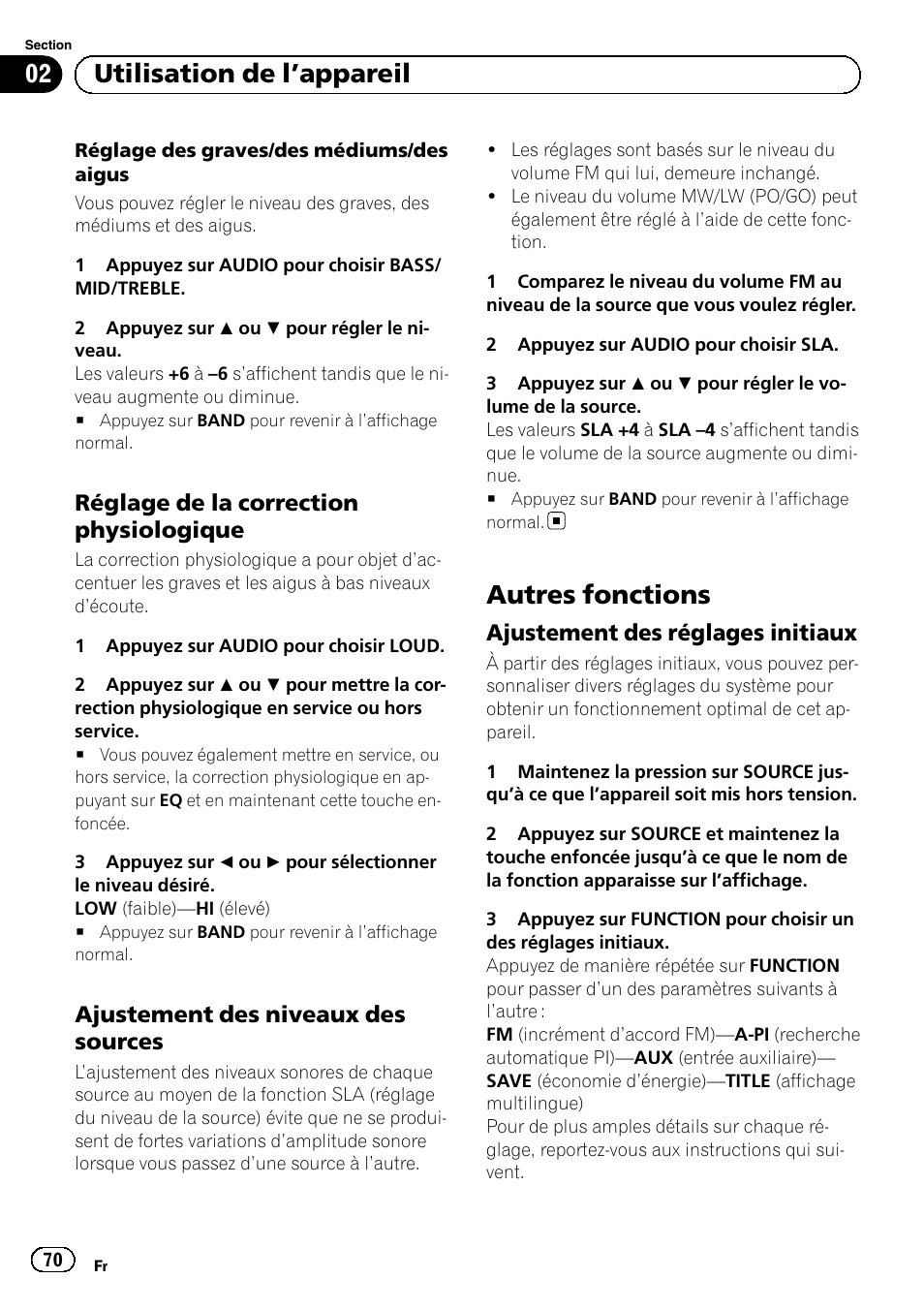 Réglage de la correction, Physiologique, Ajustement des niveaux des | Sources, Autres fonctions, Ajustement des réglages initiaux 70, Utilisation de l ’appareil, Réglage de la correction physiologique, Ajustement des niveaux des sources, Ajustement des réglages initiaux | Pioneer DEH-1120MP User Manual | Page 70 / 134