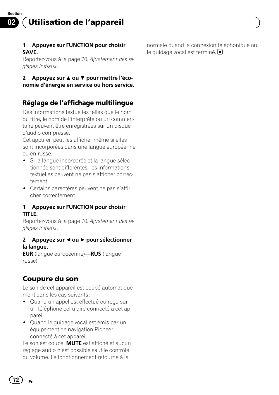Réglage de l’affichage multilingue 72, Coupure du son 72, Utilisation de l ’appareil | Pioneer DEH-1120MP User Manual | Page 72 / 134