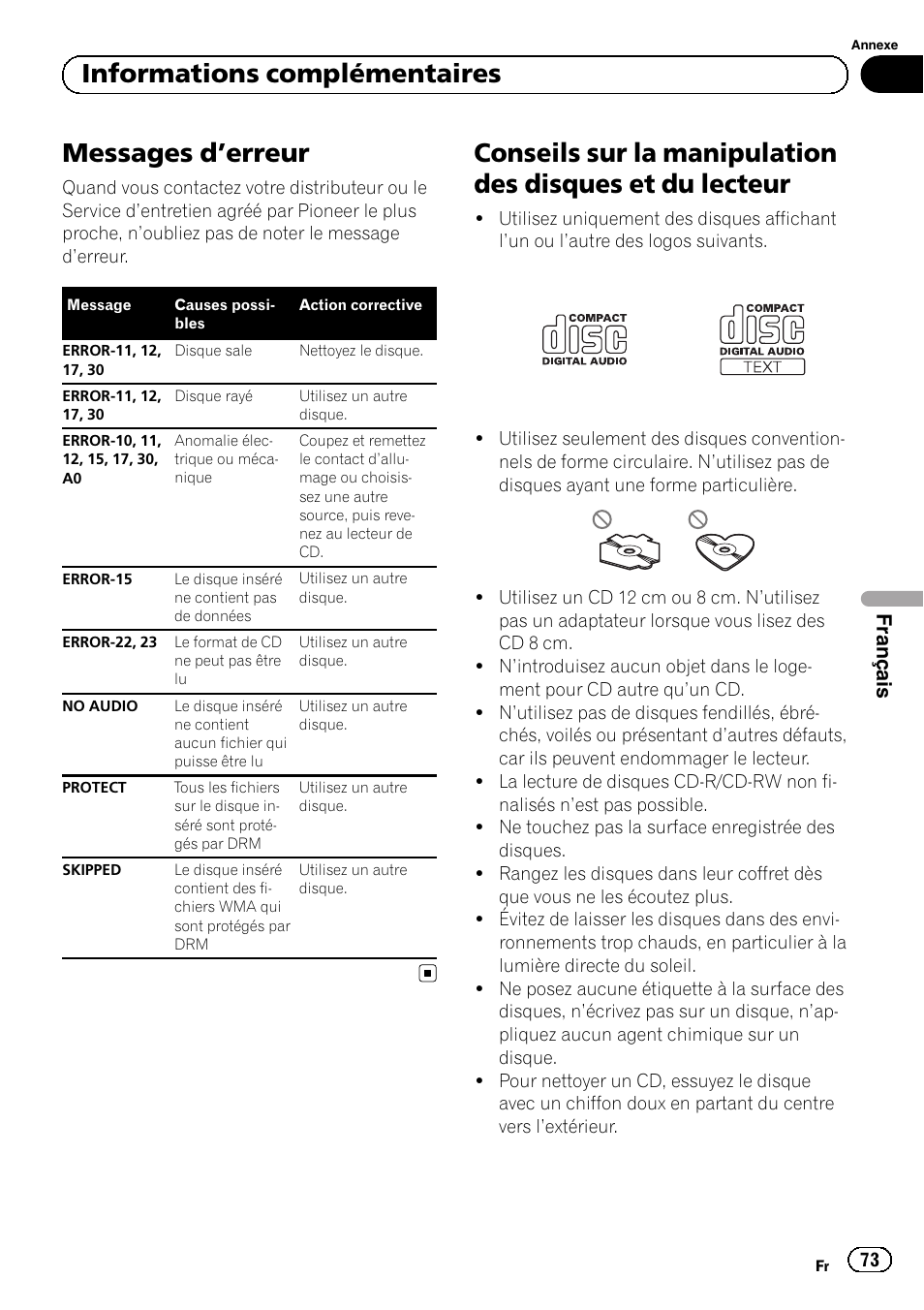 Informations complémentaires messages d, Erreur 73, Conseils sur la manipulation des disques et | Du lecteur, Ges d, Erreur, Messages d ’erreur, Informations complémentaires | Pioneer DEH-1120MP User Manual | Page 73 / 134