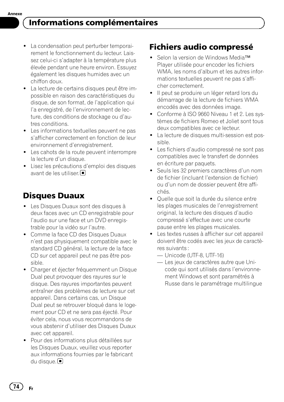 Disques duaux, Fichiers audio compressé, Informations complémentaires | Pioneer DEH-1120MP User Manual | Page 74 / 134