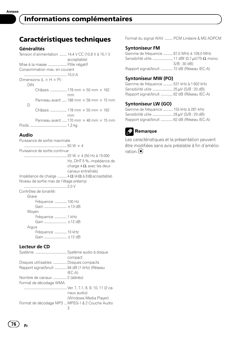 Caractéristiques techniques, Informations complémentaires | Pioneer DEH-1120MP User Manual | Page 76 / 134