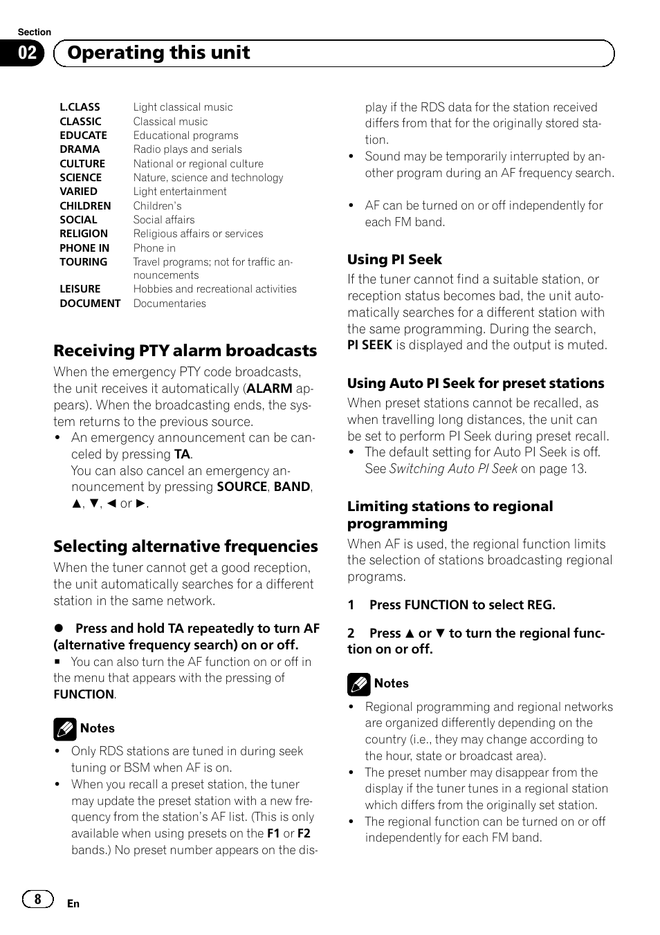 Receiving pty alarm broadcasts 8, Selecting alternative frequencies 8, Operating this unit | Receiving pty alarm broadcasts, Selecting alternative frequencies | Pioneer DEH-1120MP User Manual | Page 8 / 134