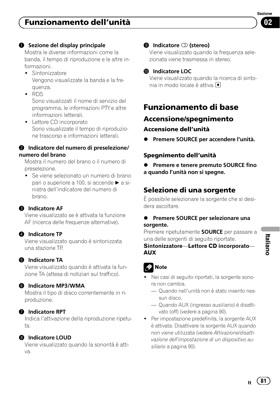 Funzionamento di base, Accensione/spegnimento 81, Selezione di una sorgente 81 | Funzionamento dell ’unità, Accensione/spegnimento, Selezione di una sorgente | Pioneer DEH-1120MP User Manual | Page 81 / 134