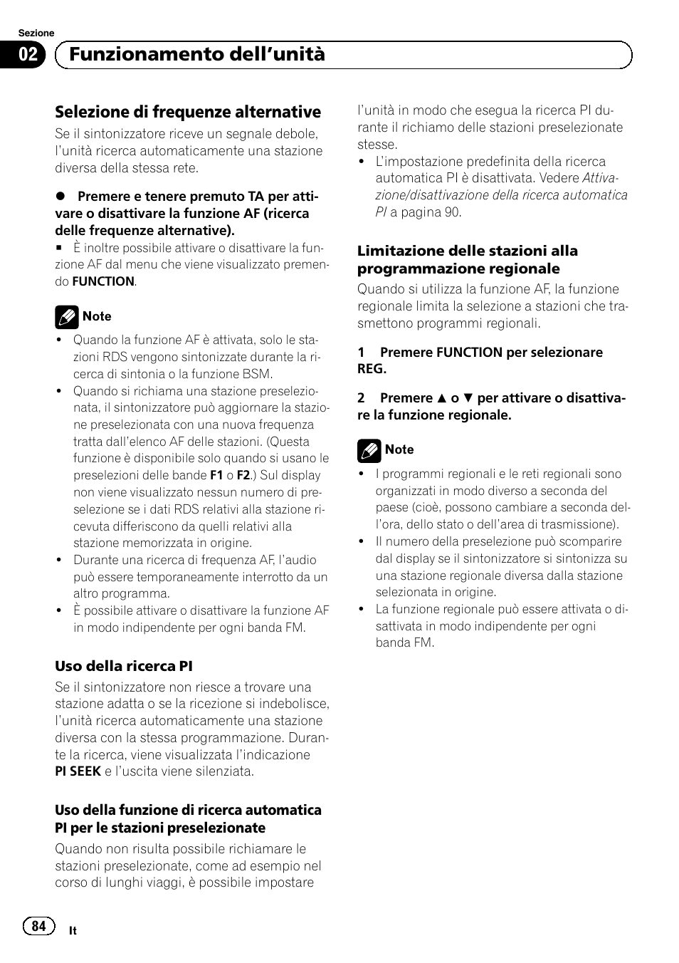 Selezione di frequenze alternative 84, Funzionamento dell ’unità, Selezione di frequenze alternative | Pioneer DEH-1120MP User Manual | Page 84 / 134