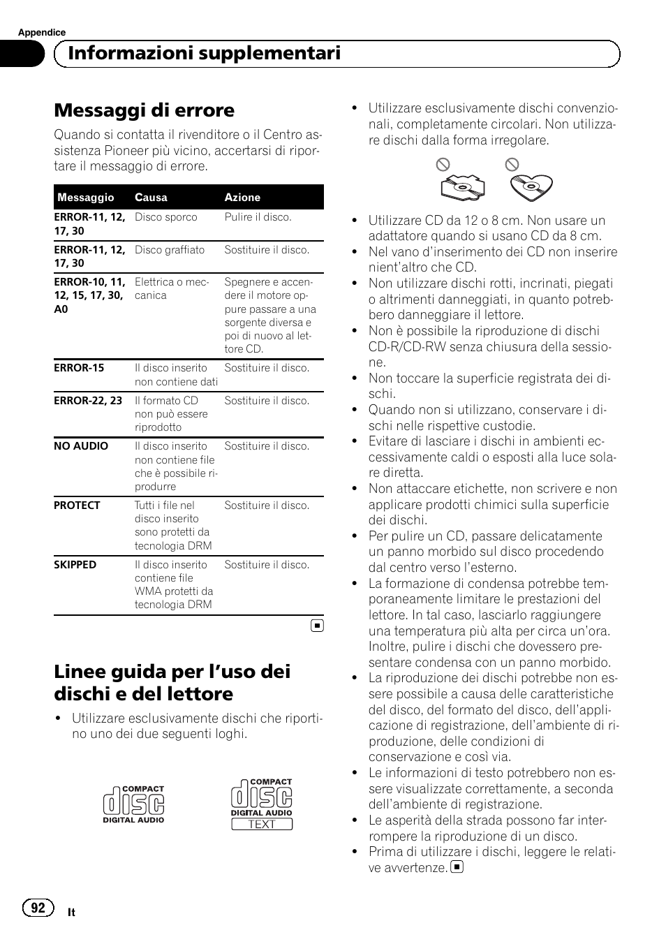 Informazioni supplementari messaggi di errore, Linee guida per l, Uso dei dischi e del | Lettore, Messaggi di er, Messaggi di errore, Linee guida per l ’uso dei dischi e del lettore, Informazioni supplementari | Pioneer DEH-1120MP User Manual | Page 92 / 134
