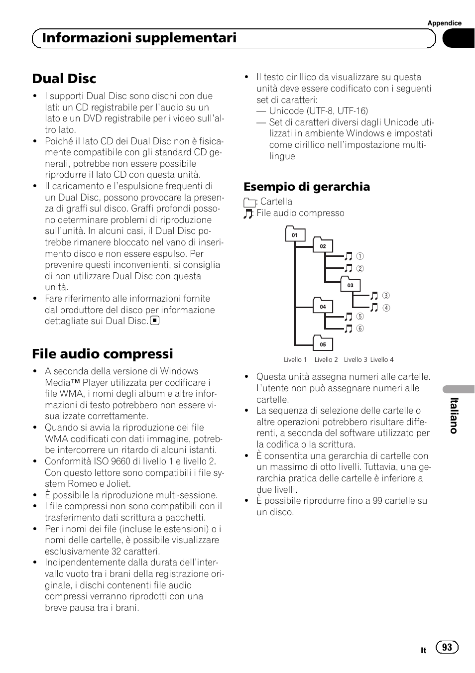 Dual disc, File audio compressi, Esempio di gerarchia 93 | Informazioni supplementari, Esempio di gerarchia | Pioneer DEH-1120MP User Manual | Page 93 / 134