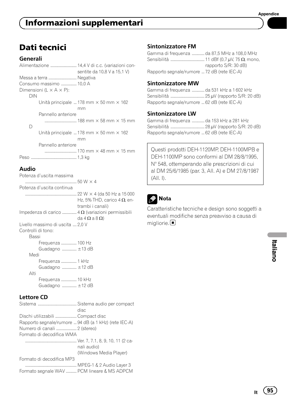 Dati tecnici, Informazioni supplementari, Italiano | Pioneer DEH-1120MP User Manual | Page 95 / 134