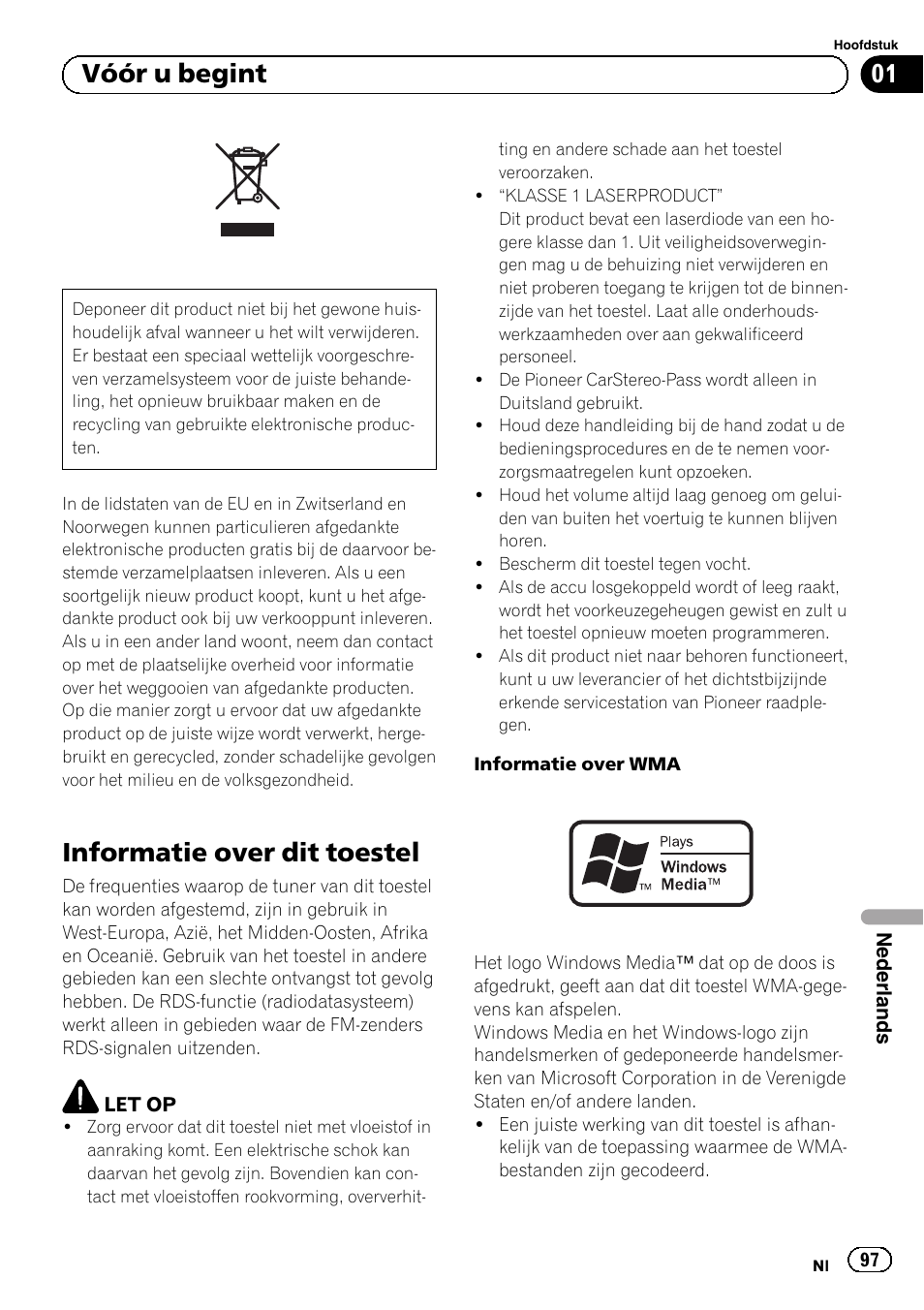 Vóór u begint, Informatie over dit toestel | Pioneer DEH-1120MP User Manual | Page 97 / 134