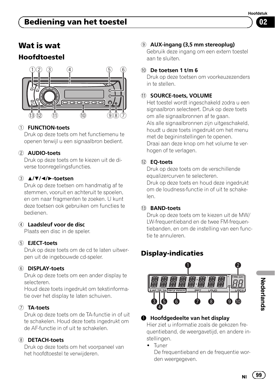 Bediening van het toestel wat is wat, Hoofdtoestel 99, Display-indicaties 99 | Wat is wat, Bediening van het toestel | Pioneer DEH-1120MP User Manual | Page 99 / 134
