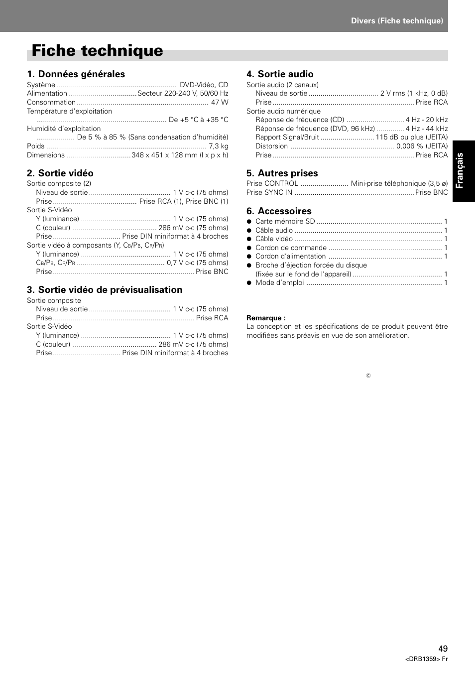 Fiche technique, Fran ç ais 1. données générales, Sortie vidéo | Sortie vidéo de prévisualisation, Sortie audio, Autres prises, Accessoires | Pioneer DVJ-X1 User Manual | Page 101 / 295