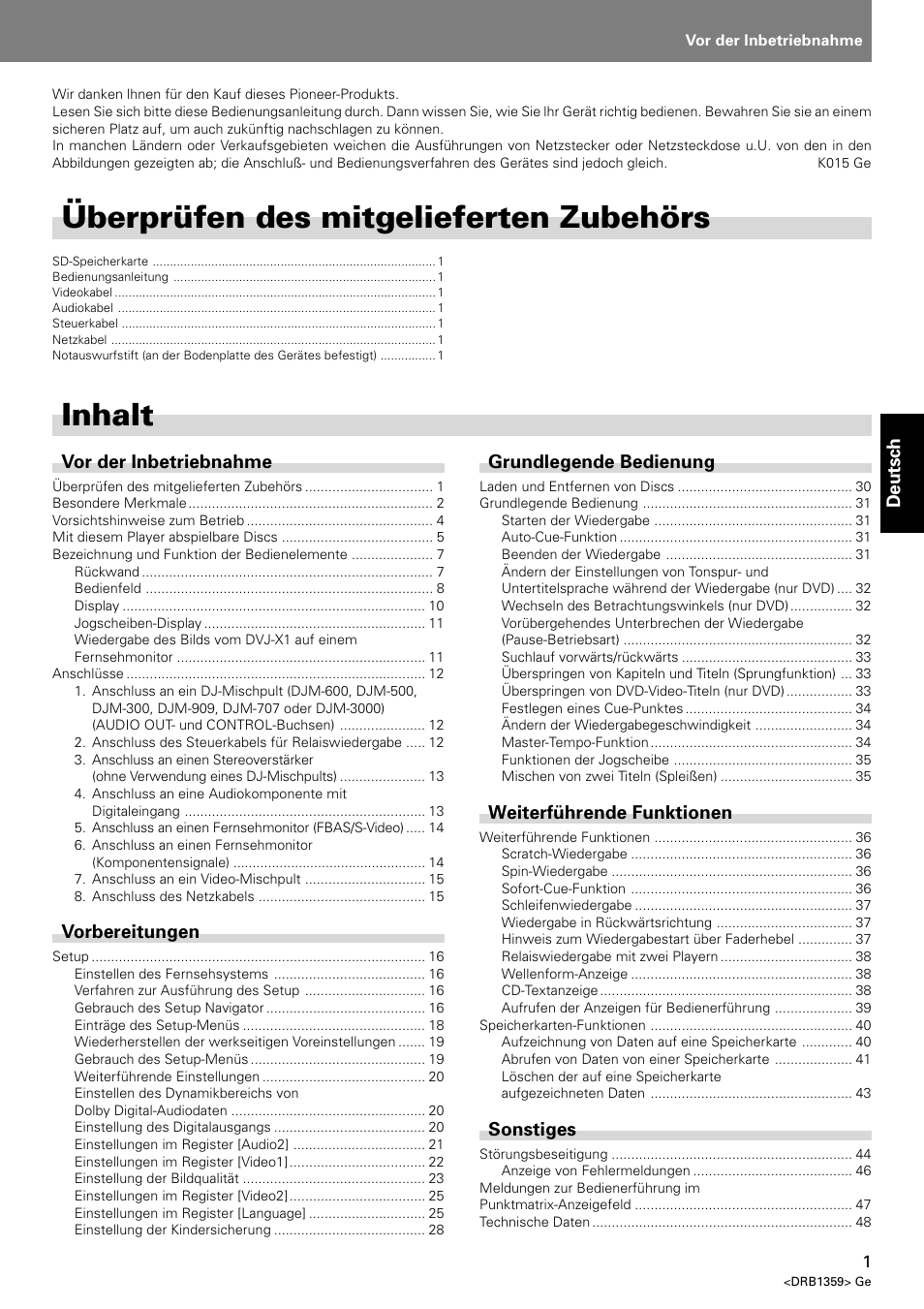 Bedienungsanleitung, Inhalt, Überprüfen des mitgelieferten zubehörs | Pioneer DVJ-X1 User Manual | Page 103 / 295
