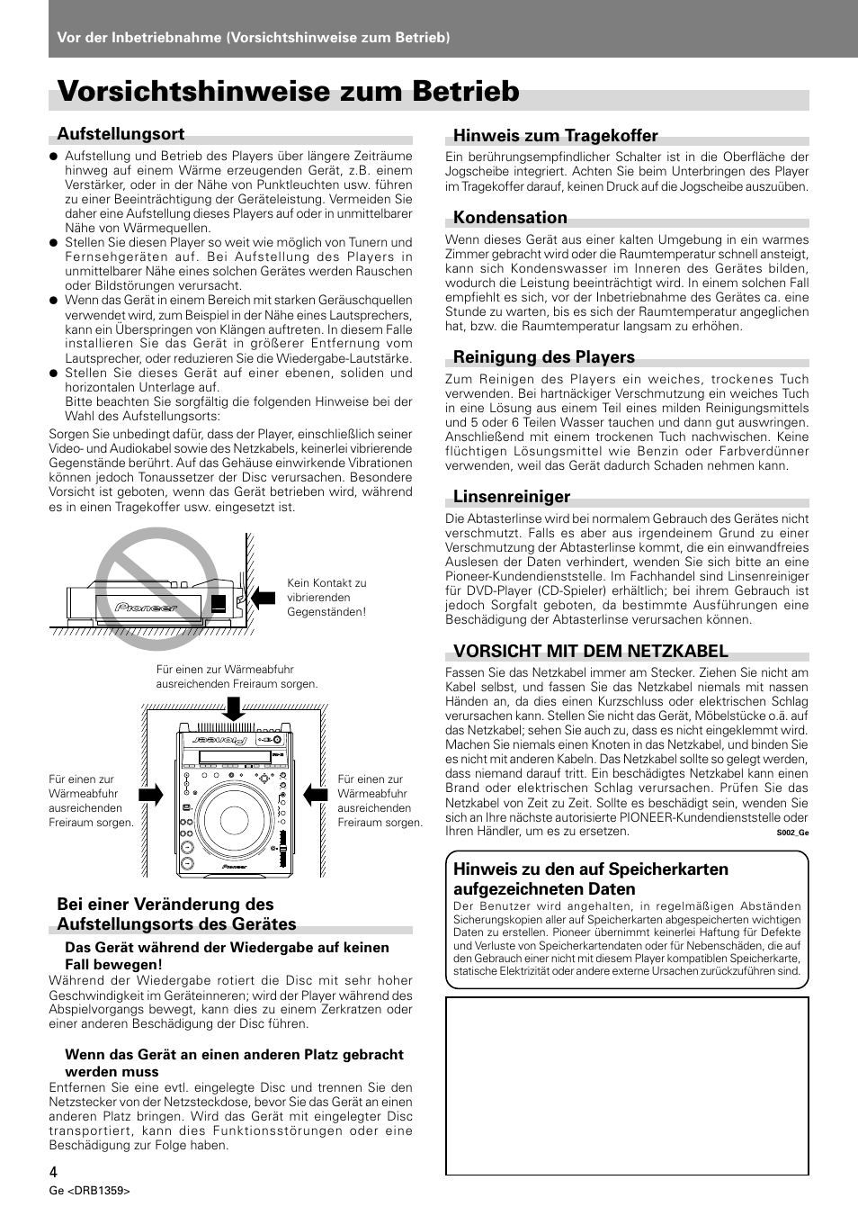 Vorsichtshinweise zum betrieb, Aufstellungsort, Hinweis zum tragekoffer | Kondensation, Reinigung des players, Linsenreiniger, Vorsicht mit dem netzkabel | Pioneer DVJ-X1 User Manual | Page 106 / 295