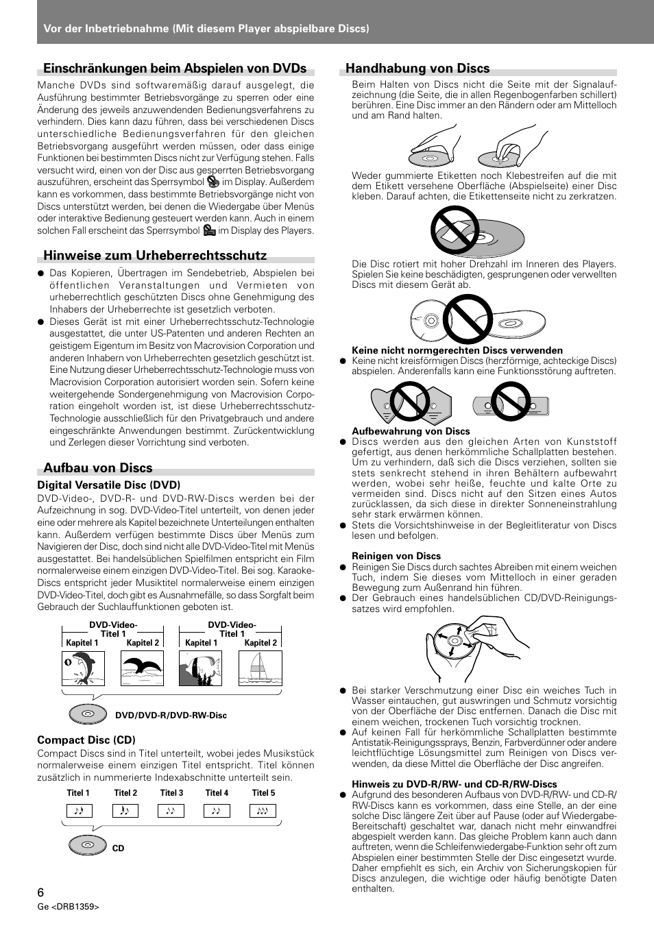 Einschränkungen beim abspielen von dvds, Hinweise zum urheberrechtsschutz, Aufbau von discs | Handhabung von discs | Pioneer DVJ-X1 User Manual | Page 108 / 295