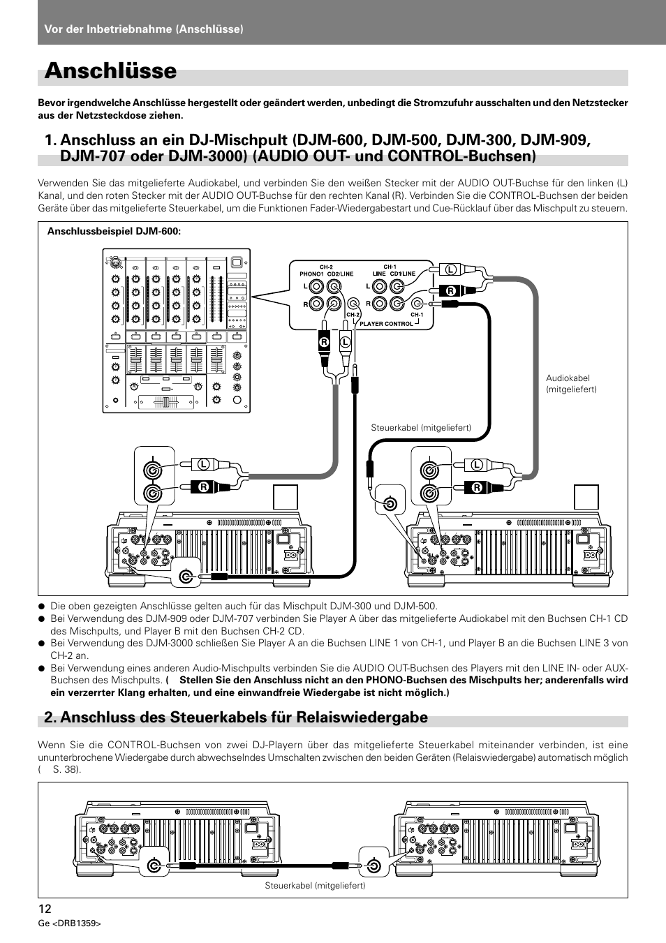 Anschlüsse, Anschluss an ein dj-mischpult (djm-600, djm-500, Anschluss des steuerkabels für relaiswiedergabe | Aanschlüsse, Vor der inbetriebnahme (anschlüsse), Djm-600 dvj-x1, Dvj-x1, Ge <drb1359, Steuerkabel (mitgeliefert) | Pioneer DVJ-X1 User Manual | Page 114 / 295