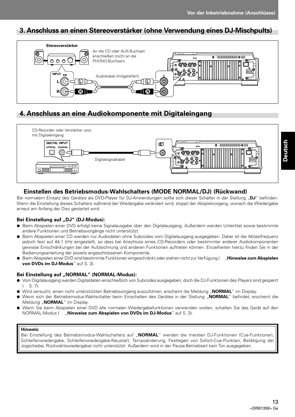 Anschluss an einen stereoverstärker, Ohne verwendung eines dj-mischpults), Anschluss an eine audiokomponente mit | Digitaleingang, Deutsch, Vor der inbetriebnahme (anschlüsse), Dvj-x1, Bei einstellung auf „dj“ (dj-modus), Bei einstellung auf „normal“ (normal-modus), Drb1359> ge | Pioneer DVJ-X1 User Manual | Page 115 / 295